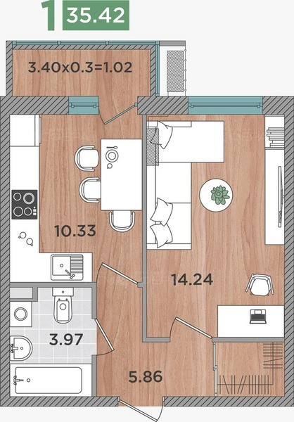 1-к квартира 35,42 м² в ЖК Сады у Моря